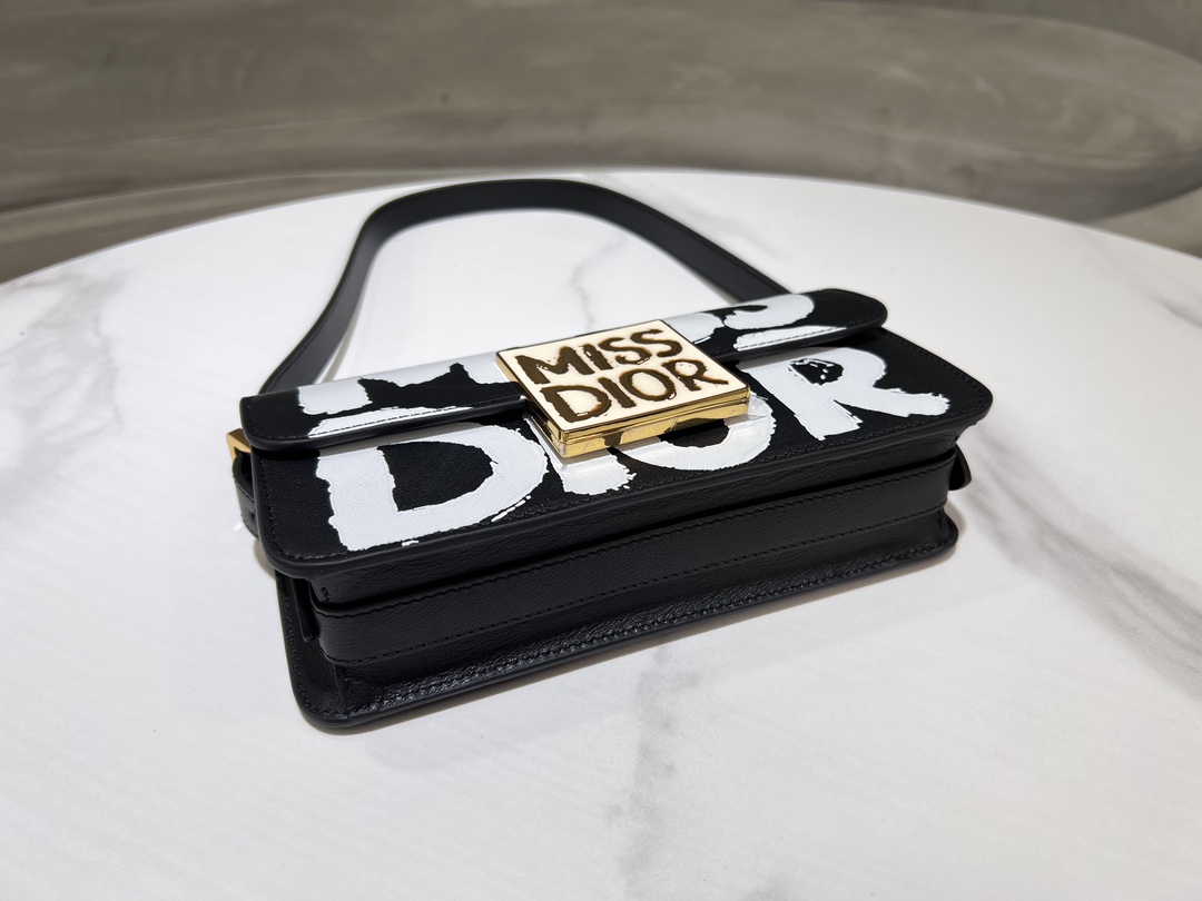 Miss Dior Flap Bag Black and White Miss Dior Graffiti Printed Calfskin